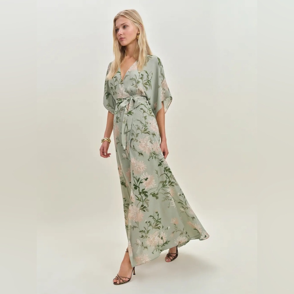 Reformation Sage Green Floral Silk Maxi Dress